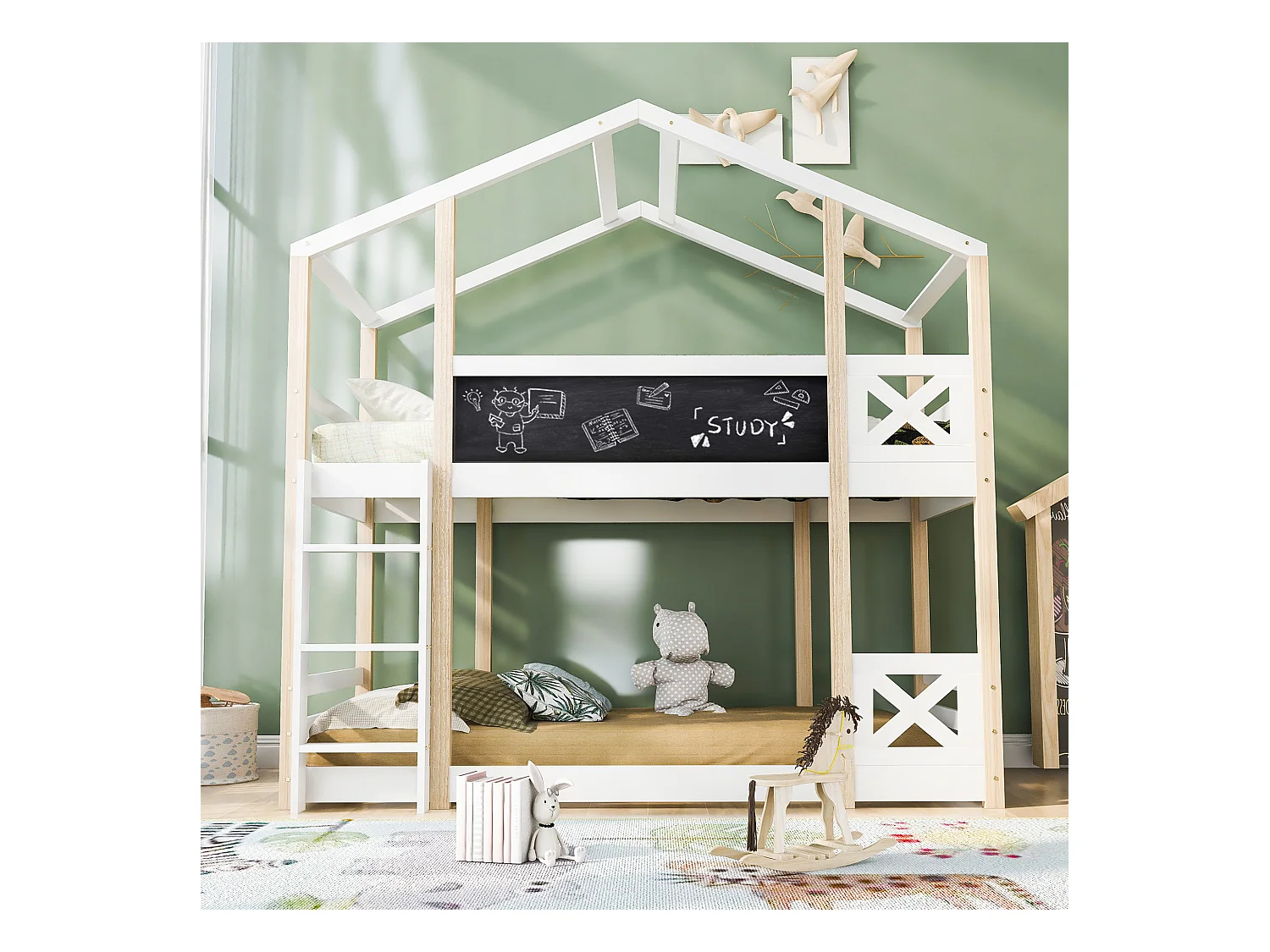 Letto a castello matrimoniale - 2 x 90 x 200 cm - pino e MDF - scaletta, sponde e rete a doghe - naturale e bianco