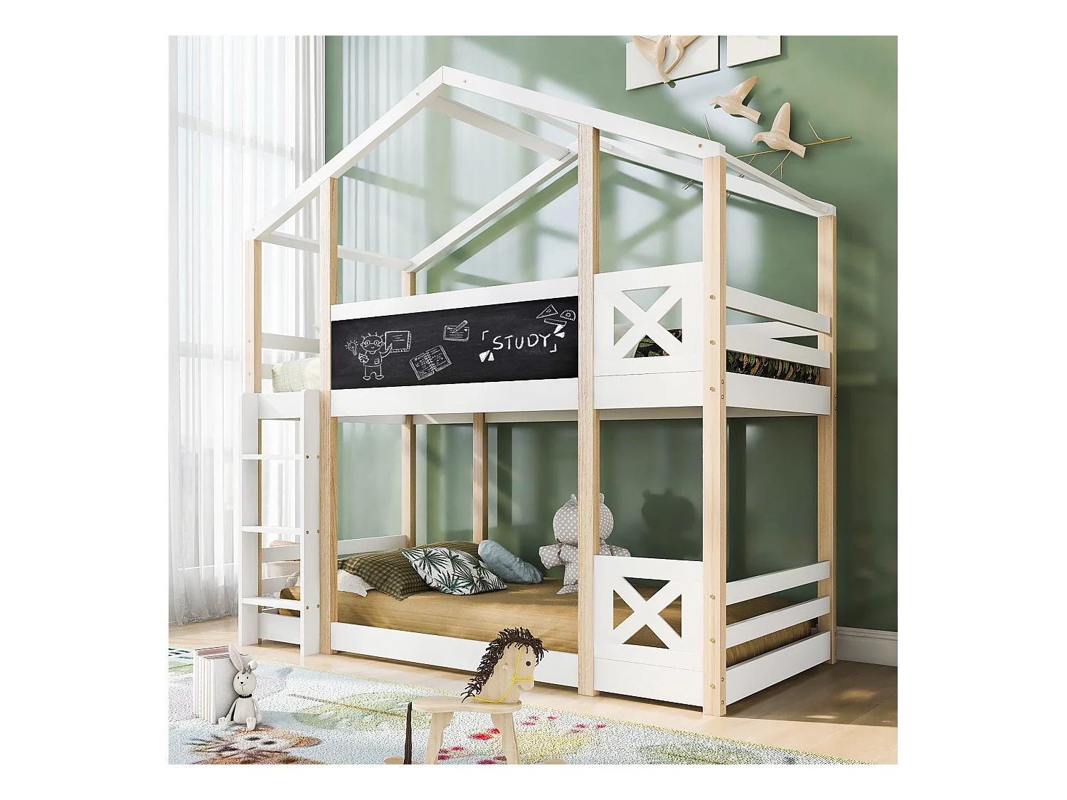 Letto a castello matrimoniale - 2 x 90 x 200 cm - pino e MDF - scaletta, sponde e rete a doghe - naturale e bianco