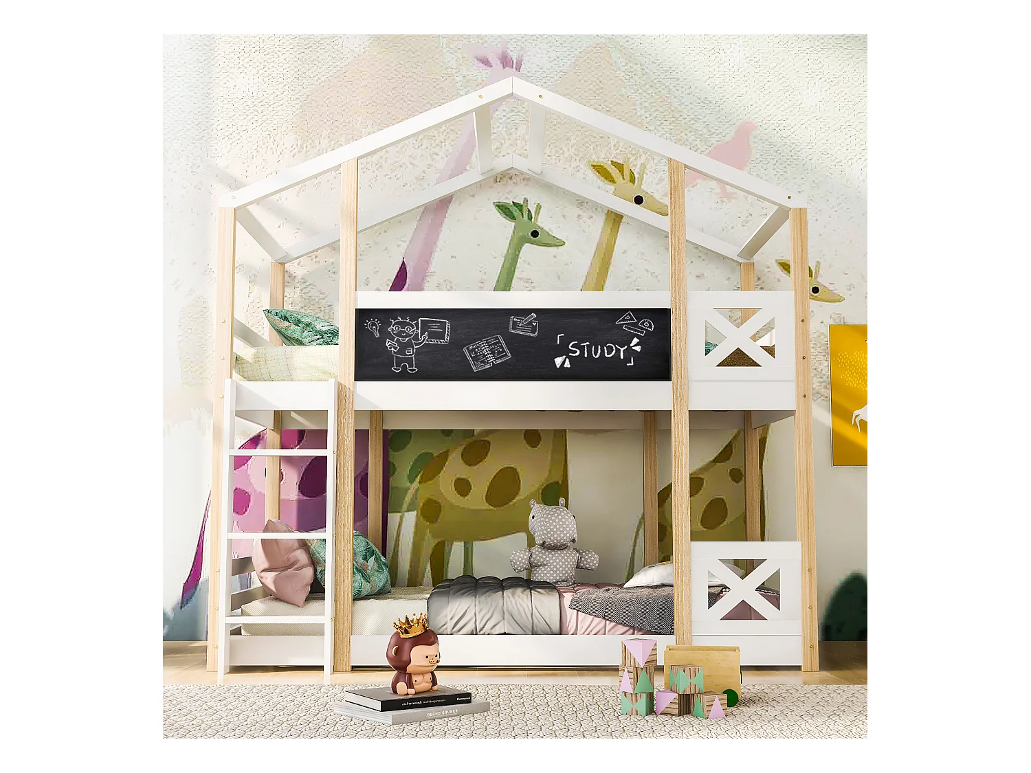 Letto a castello matrimoniale - 2 x 90 x 200 cm - pino e MDF - scaletta, sponde e rete a doghe - naturale e bianco