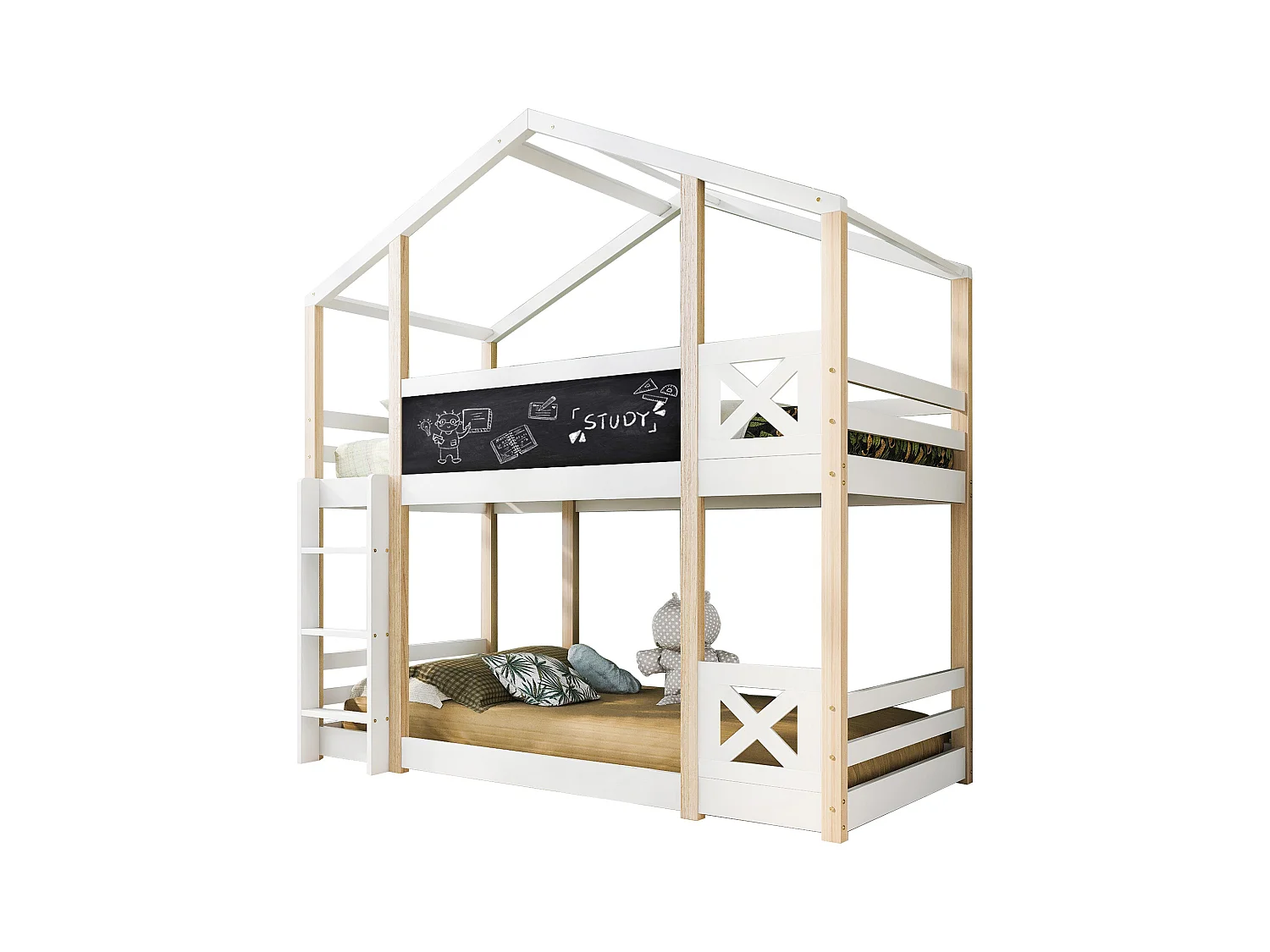 Letto a castello matrimoniale - 2 x 90 x 200 cm - pino e MDF - scaletta, sponde e rete a doghe - naturale e bianco