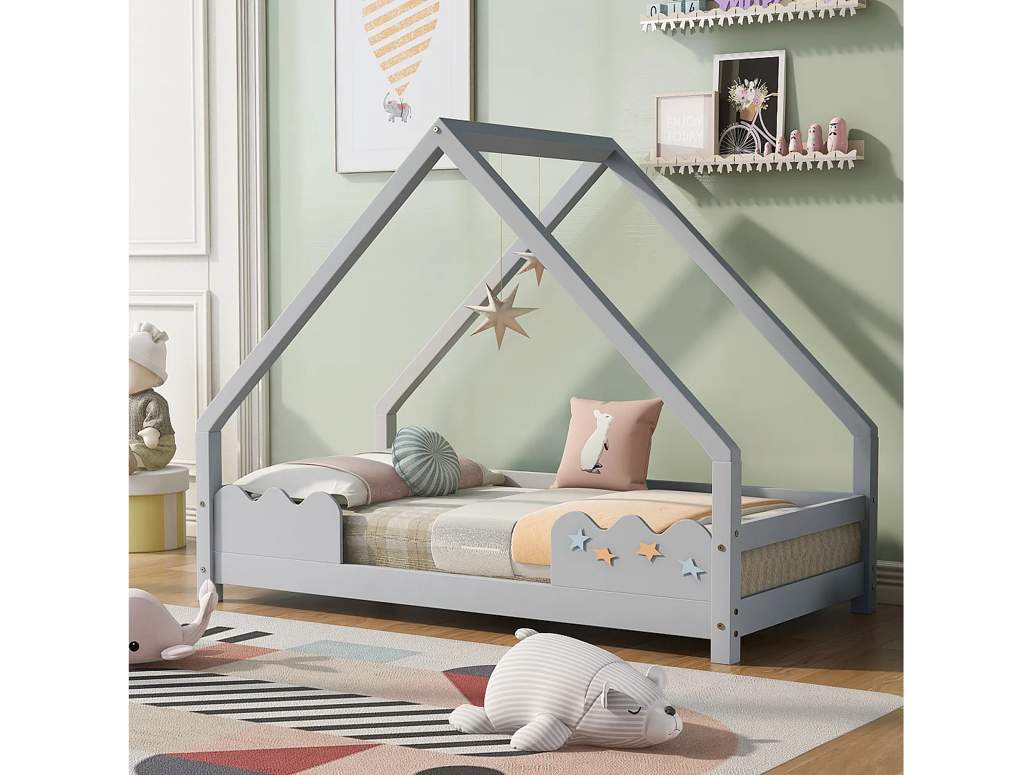 Lit tipi 80 x 160 cm - pin - sommier à lattes - gris