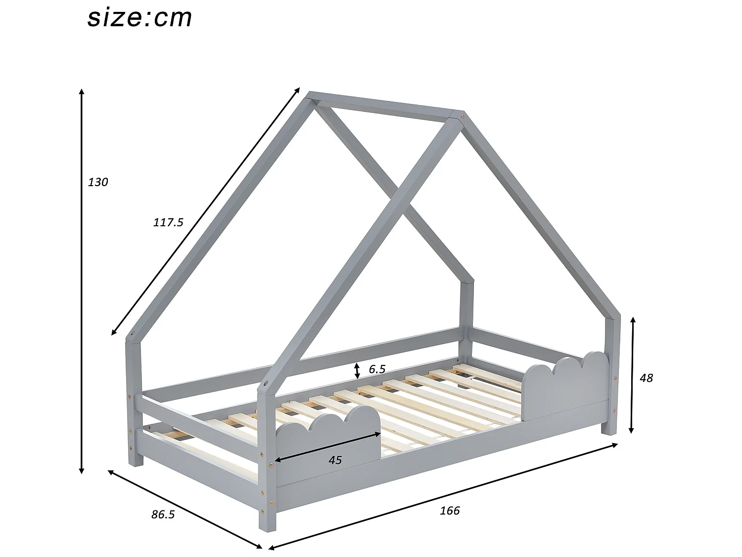 Lit tipi 80 x 160 cm - pin - sommier à lattes - gris