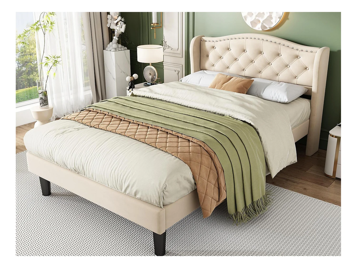 Cama de solteiro 90x200 cm - cama acolchoada para criança ou adulto em veludo - com cabeceira - base de ripas - bege