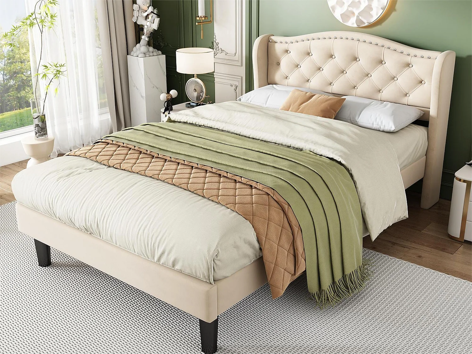 Cama de solteiro 90x200 cm - cama acolchoada para criança ou adulto em veludo - com cabeceira - base de ripas - bege