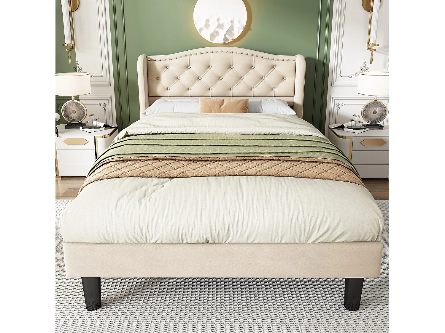 Cama de solteiro 90x200 cm - cama acolchoada para criança ou adulto em veludo - com cabeceira - base de ripas - bege