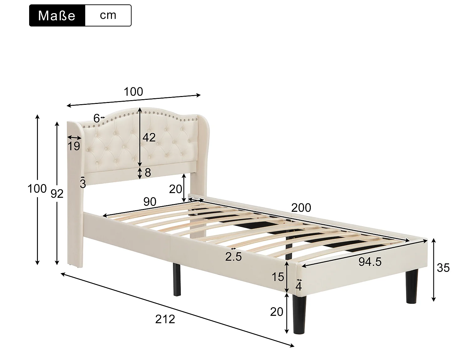 Cama de solteiro 90x200 cm - cama acolchoada para criança ou adulto em veludo - com cabeceira - base de ripas - bege