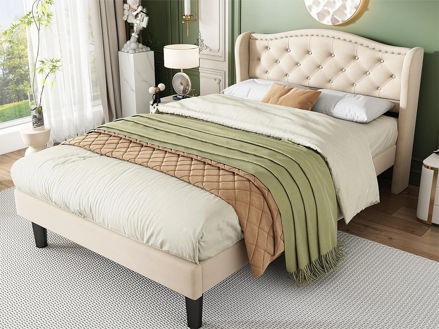 Cama de solteiro 90x200 cm - cama acolchoada para criança ou adulto em veludo - com cabeceira - base de ripas - bege