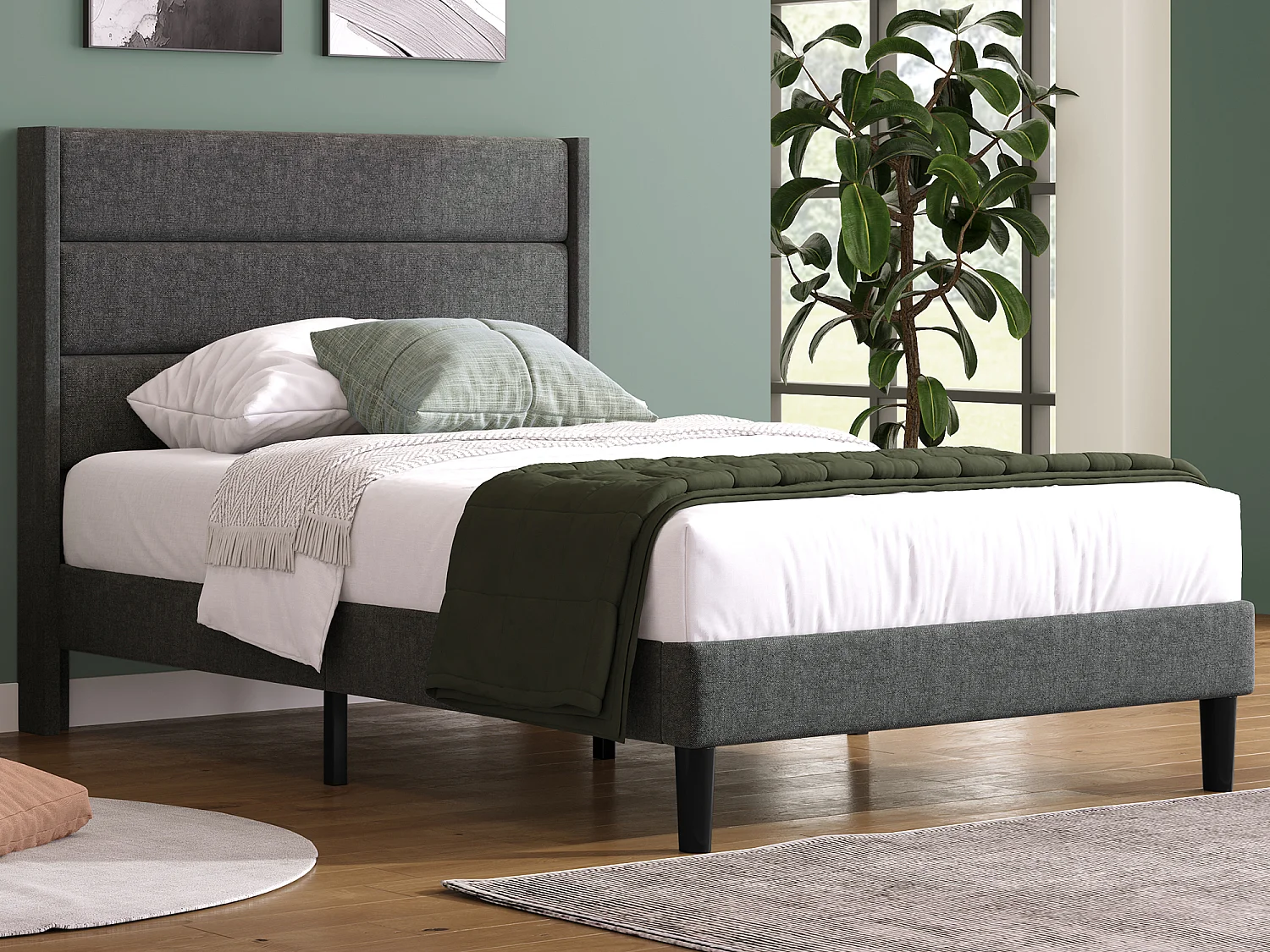 Bett mit Kopfteil – 90 x 200 cm – Leinenstoff – Lattenrost – Grau