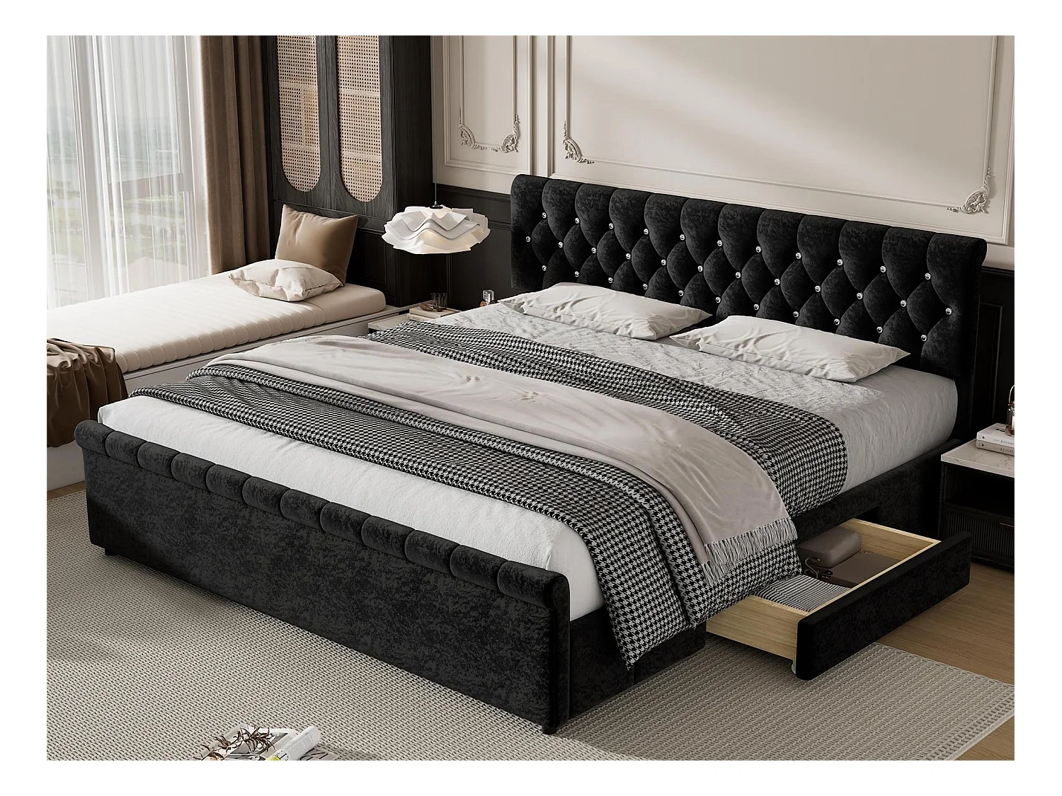 Bed met hoofdeinde - 2 lades - 180 x 200 cm - fluweel en hout - lattenbodem - zwart