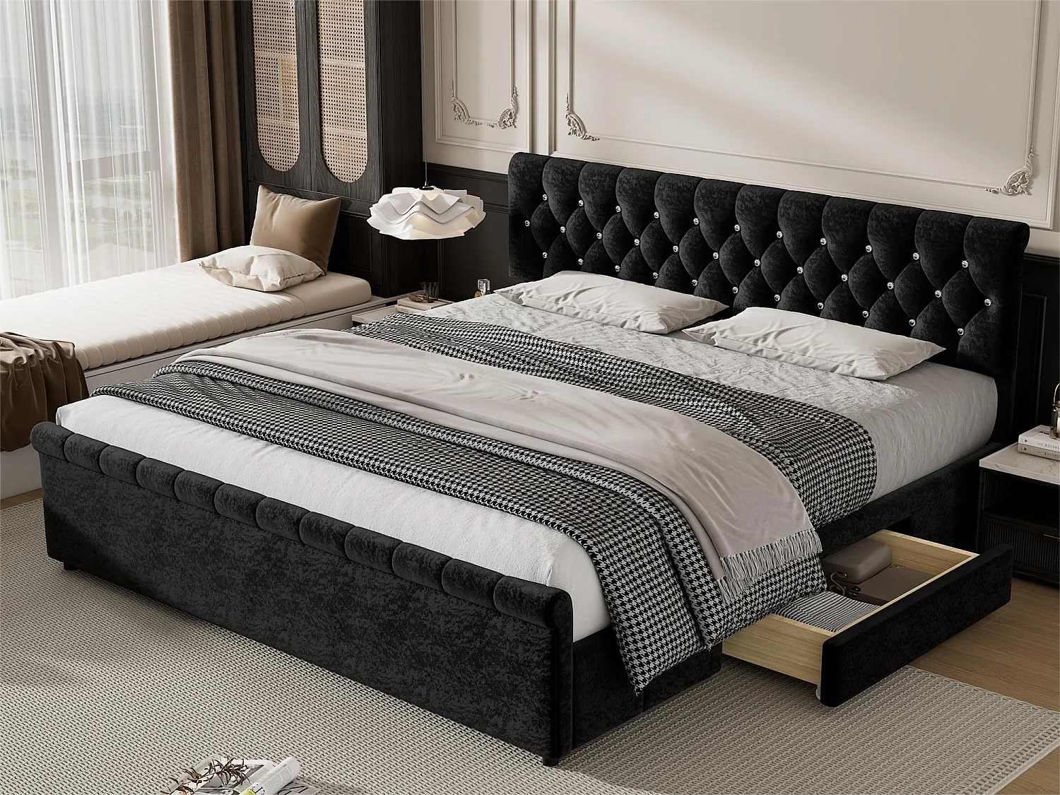 Bed met hoofdeinde - 2 lades - 180 x 200 cm - fluweel en hout - lattenbodem - zwart
