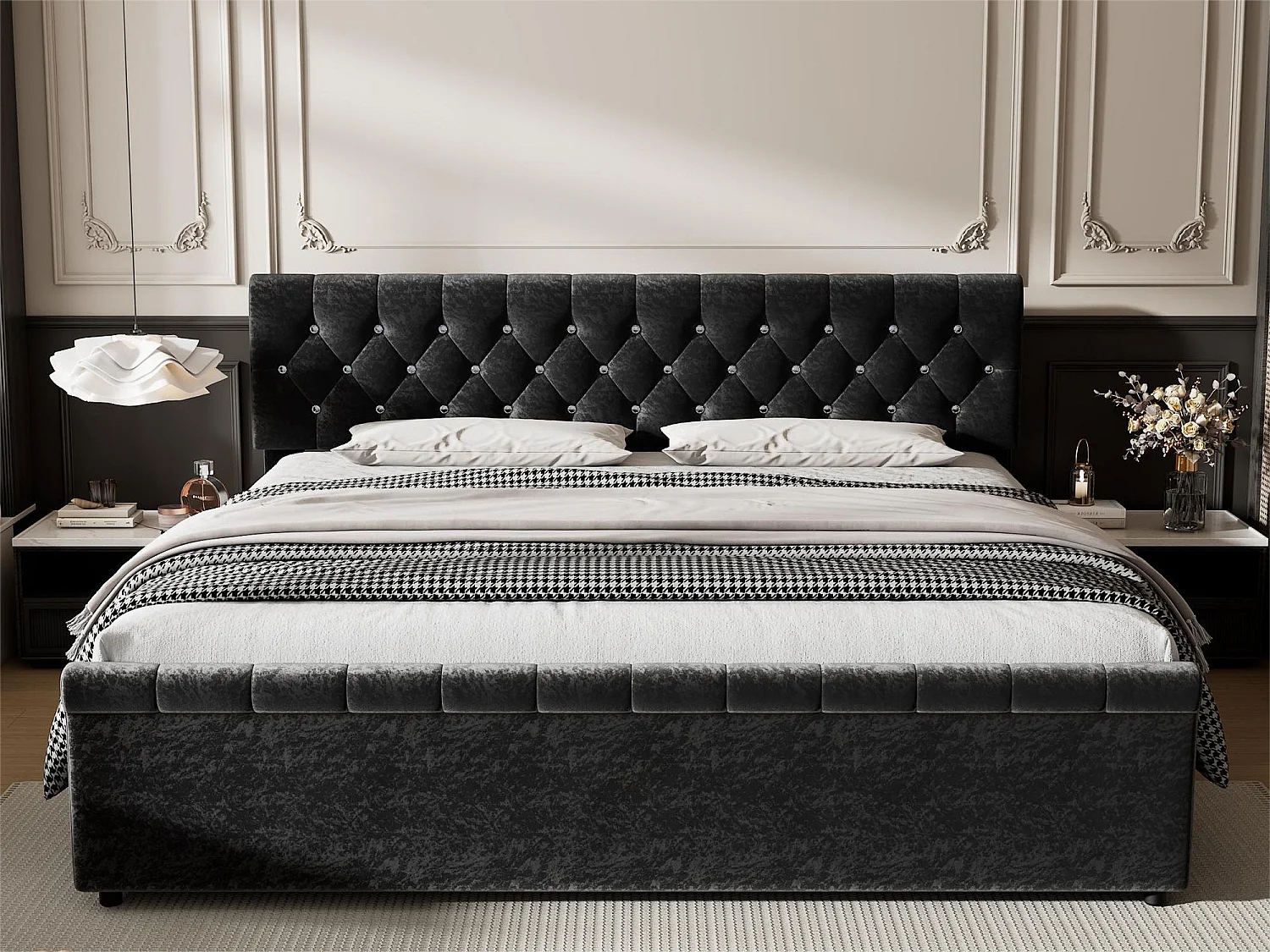 Bed met hoofdeinde - 2 lades - 180 x 200 cm - fluweel en hout - lattenbodem - zwart