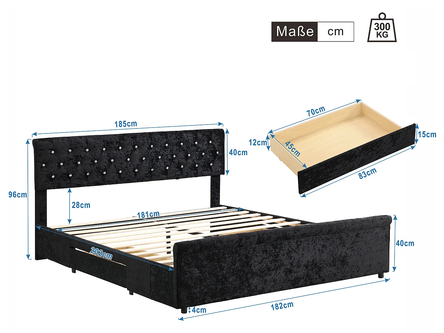 Bed met hoofdeinde - 2 lades - 180 x 200 cm - fluweel en hout - lattenbodem - zwart