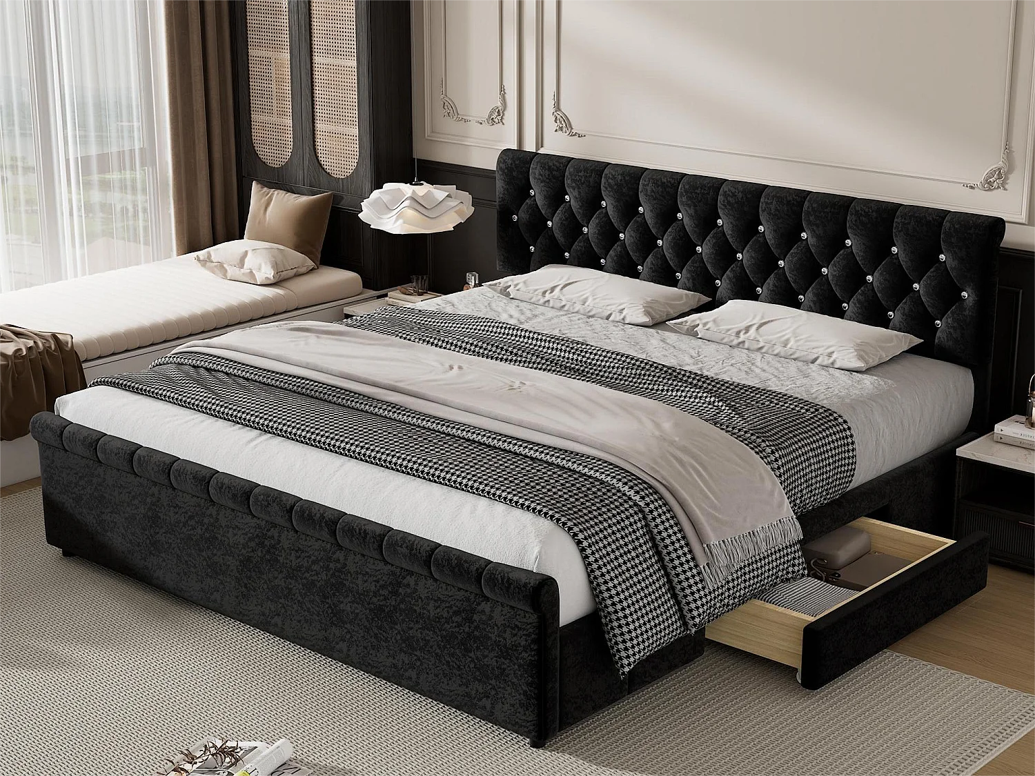 Bed met hoofdeinde - 2 lades - 180 x 200 cm - fluweel en hout - lattenbodem - zwart