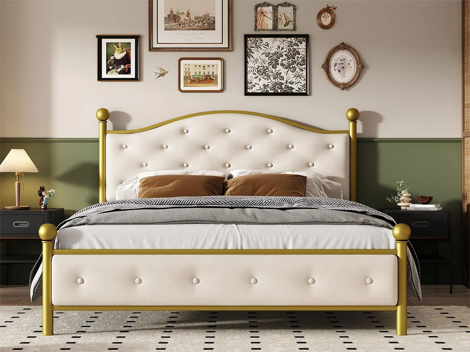 Bed met gewatteerd hoofdeinde - 140 x 200 cm - metaal - lattenbodem - elegante stijl - wit en goud