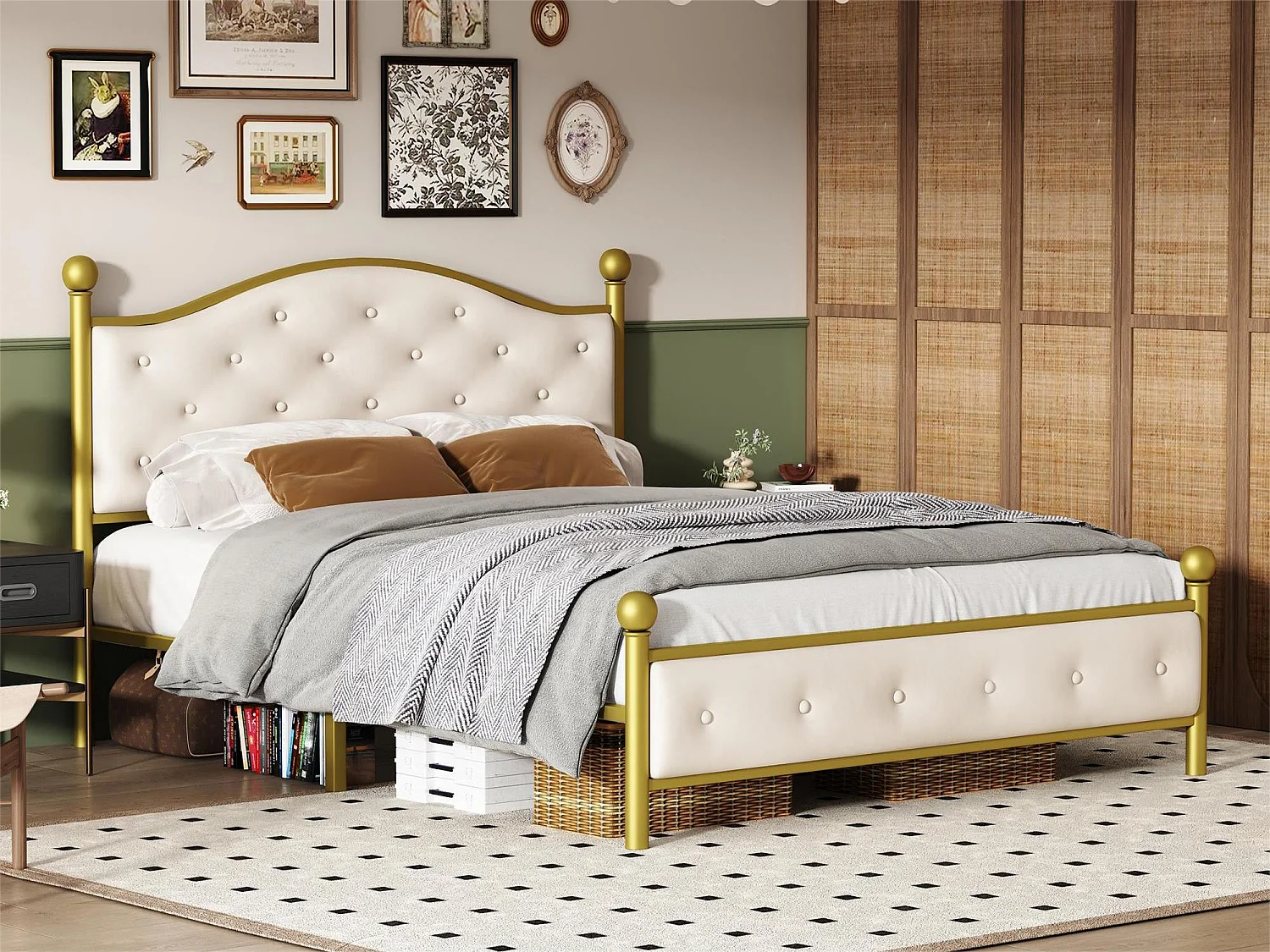 Bed met gewatteerd hoofdeinde - 140 x 200 cm - metaal - lattenbodem - elegante stijl - wit en goud