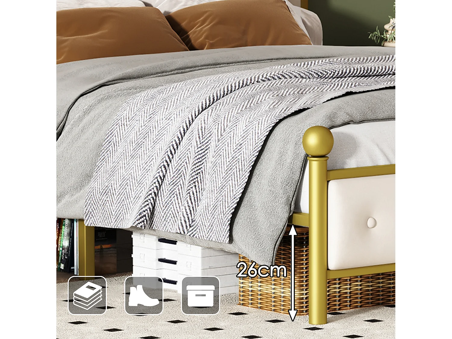 Bed met gewatteerd hoofdeinde - 140 x 200 cm - metaal - lattenbodem - elegante stijl - wit en goud