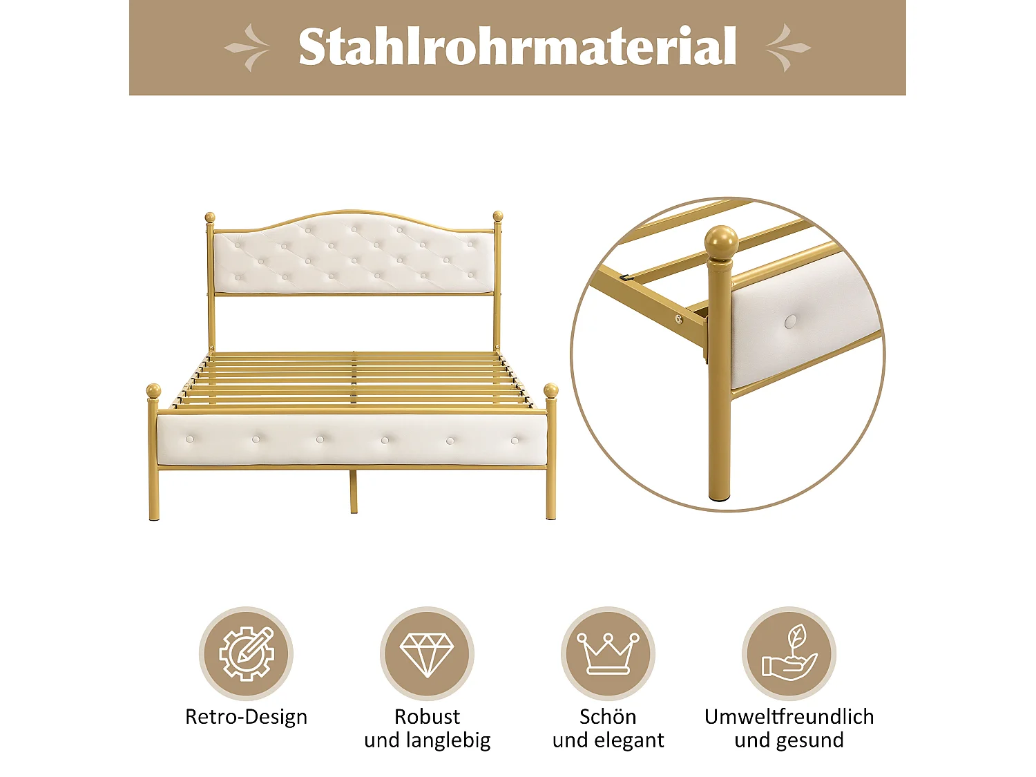 Bed met gewatteerd hoofdeinde - 140 x 200 cm - metaal - lattenbodem - elegante stijl - wit en goud