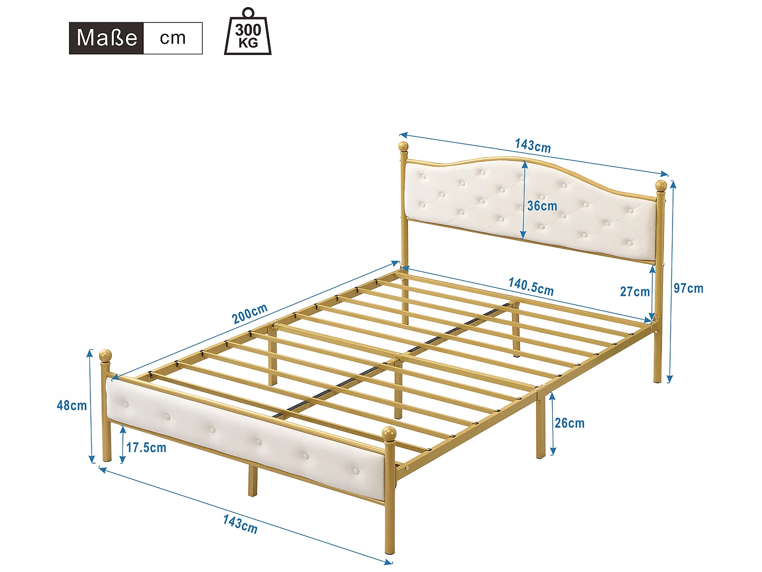 Bed met gewatteerd hoofdeinde - 140 x 200 cm - metaal - lattenbodem - elegante stijl - wit en goud