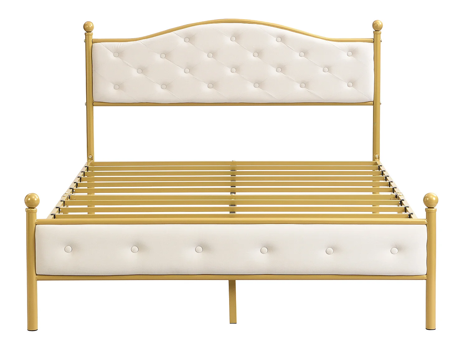 Lit avec tête de lit rembourrée - 140 x 200 cm - métal - sommier à lattes - style élégant - blanc et or