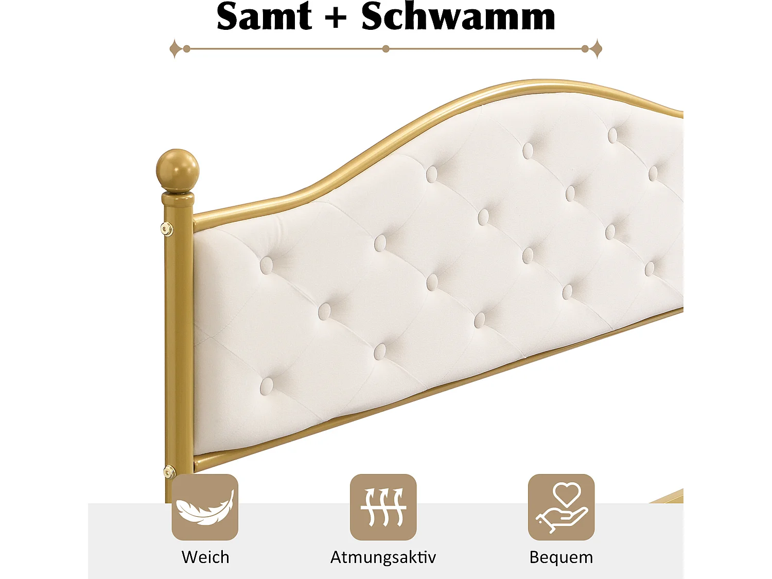 Lit avec tête de lit rembourrée - 140 x 200 cm - métal - sommier à lattes - style élégant - blanc et or