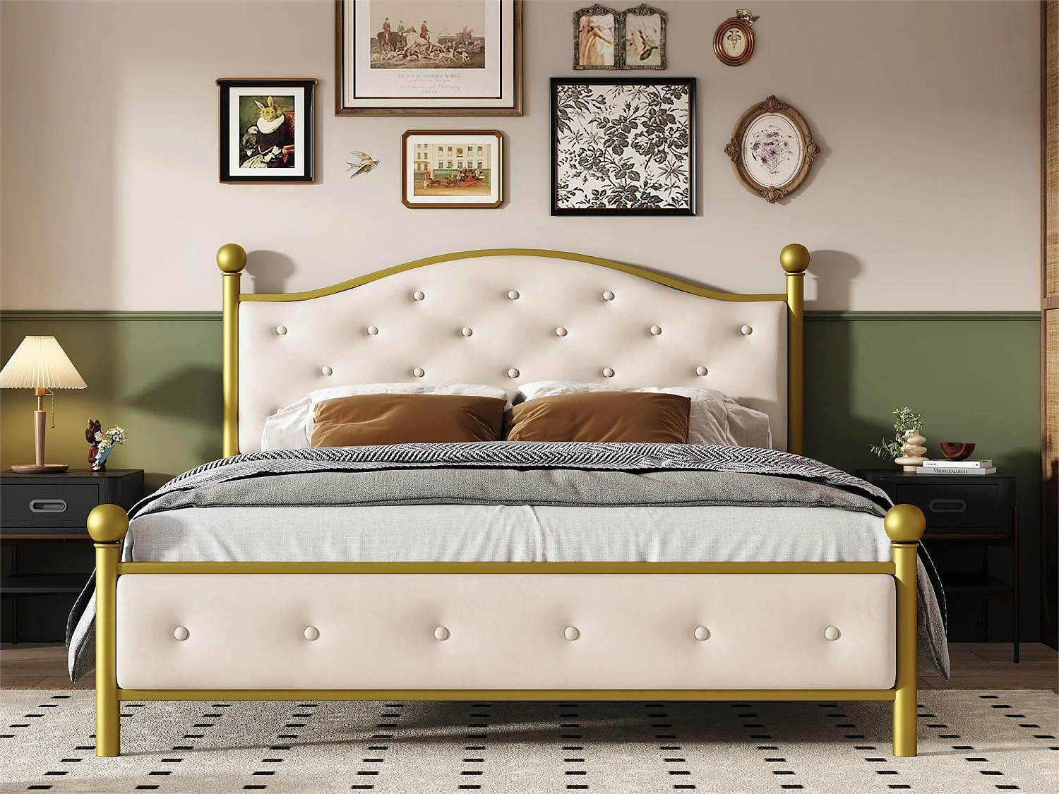 Bed met gewatteerd hoofdeinde - 140 x 200 cm - metaal - lattenbodem - elegante stijl - wit en goud