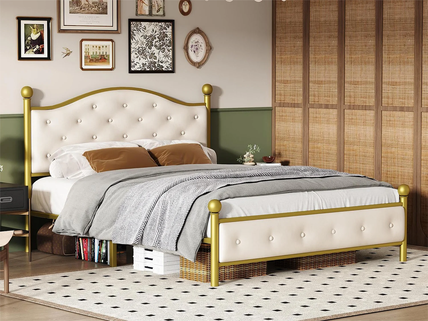 Bed met gewatteerd hoofdeinde - 140 x 200 cm - metaal - lattenbodem - elegante stijl - wit en goud