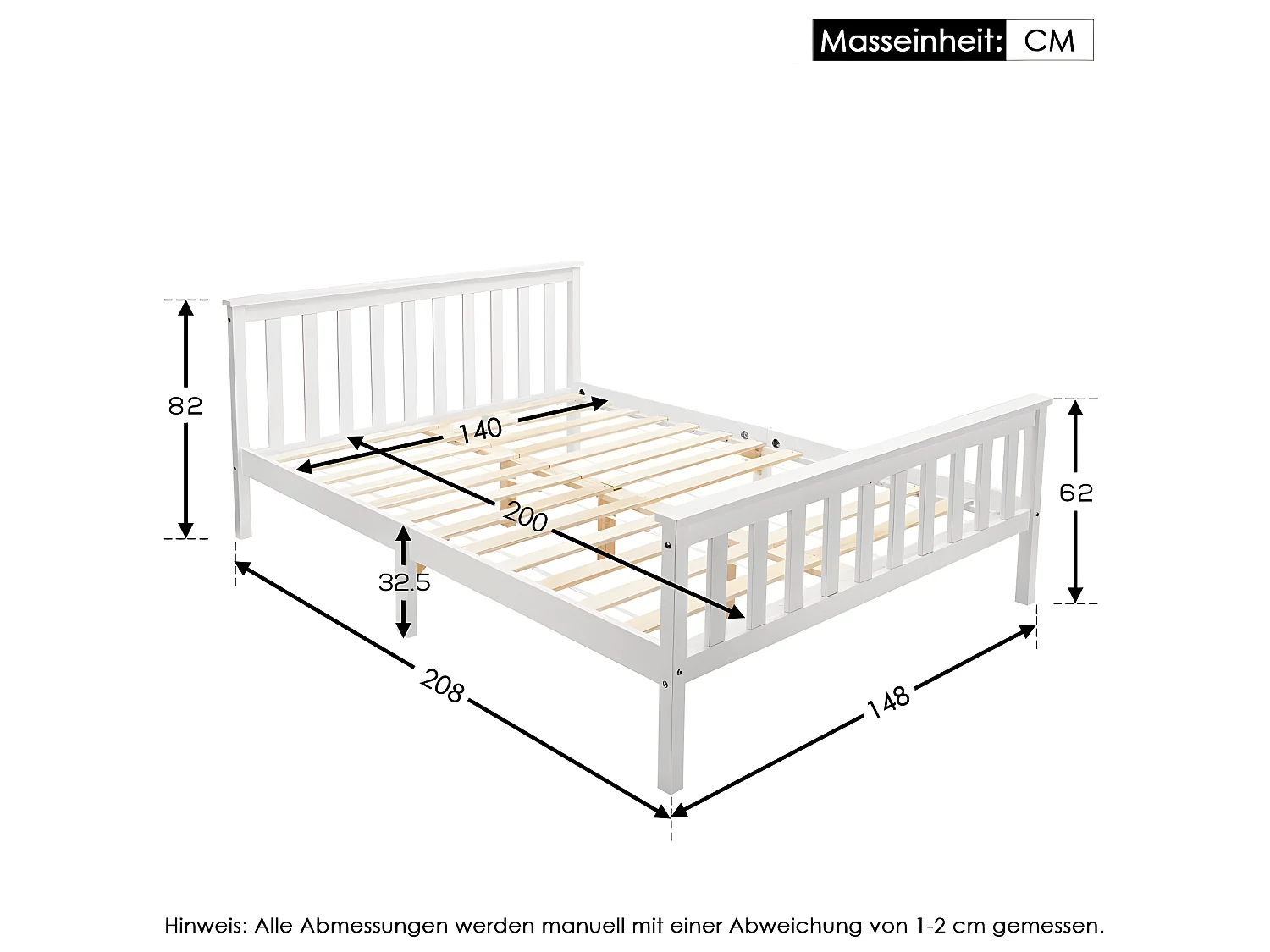 Bett mit Kopfteil – 140 x 200 cm – Massivholz – Lattenrost – Weiß