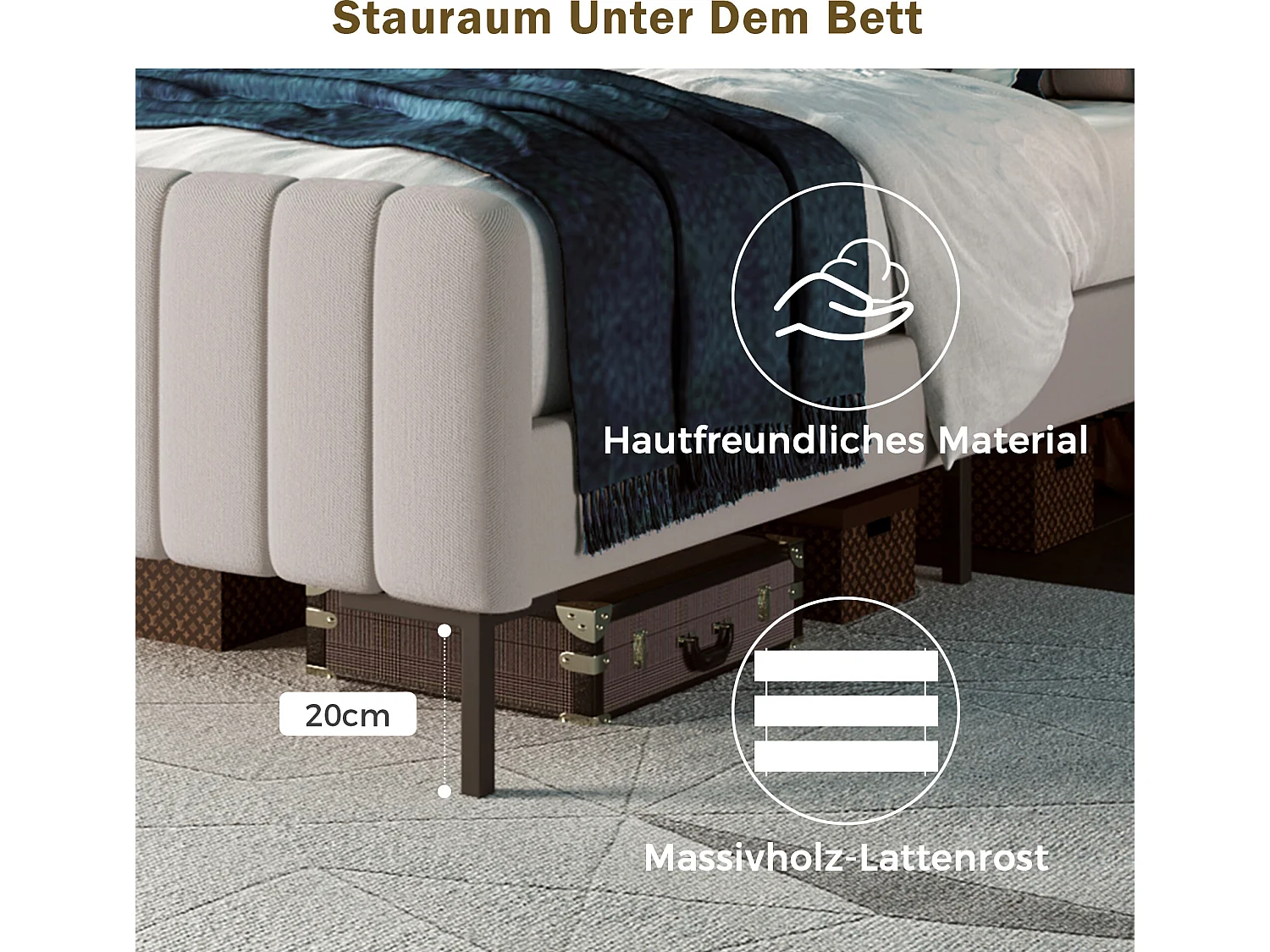 Bett mit verstellbarem Kopfteil – 180 x 200 cm – Leinenstoff – Lattenrost – Beige