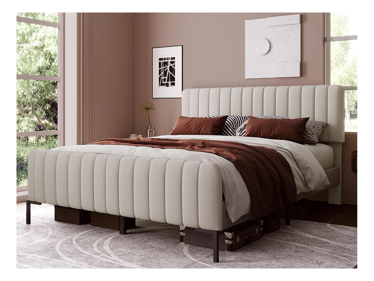 Bed met verstelbaar hoofdeinde - 180 x 200 cm - linnen stof - lattenbodem - beige