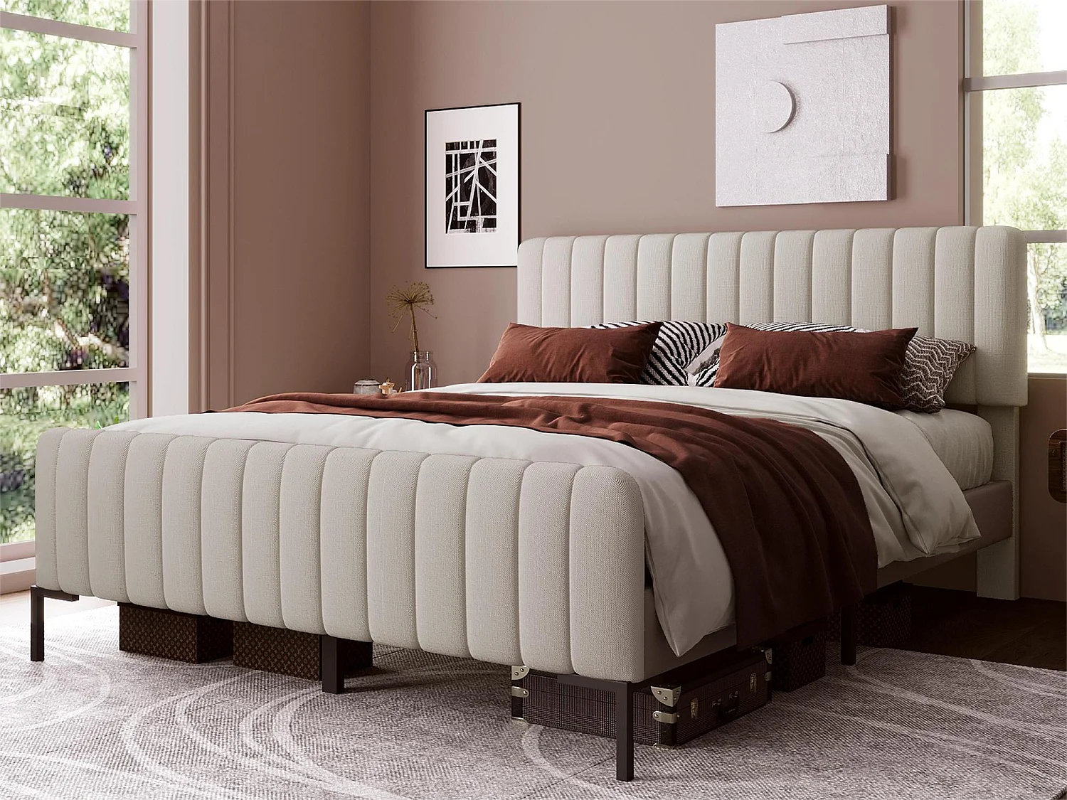 Bett mit verstellbarem Kopfteil – 180 x 200 cm – Leinenstoff – Lattenrost – Beige