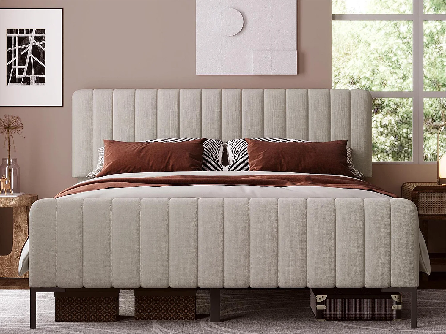 Bett mit verstellbarem Kopfteil – 180 x 200 cm – Leinenstoff – Lattenrost – Beige