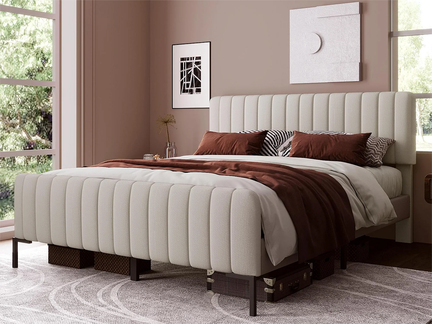 Cama com cabeceira ajustável - 180 x 200 cm - tecido de linho - base de ripas - bege