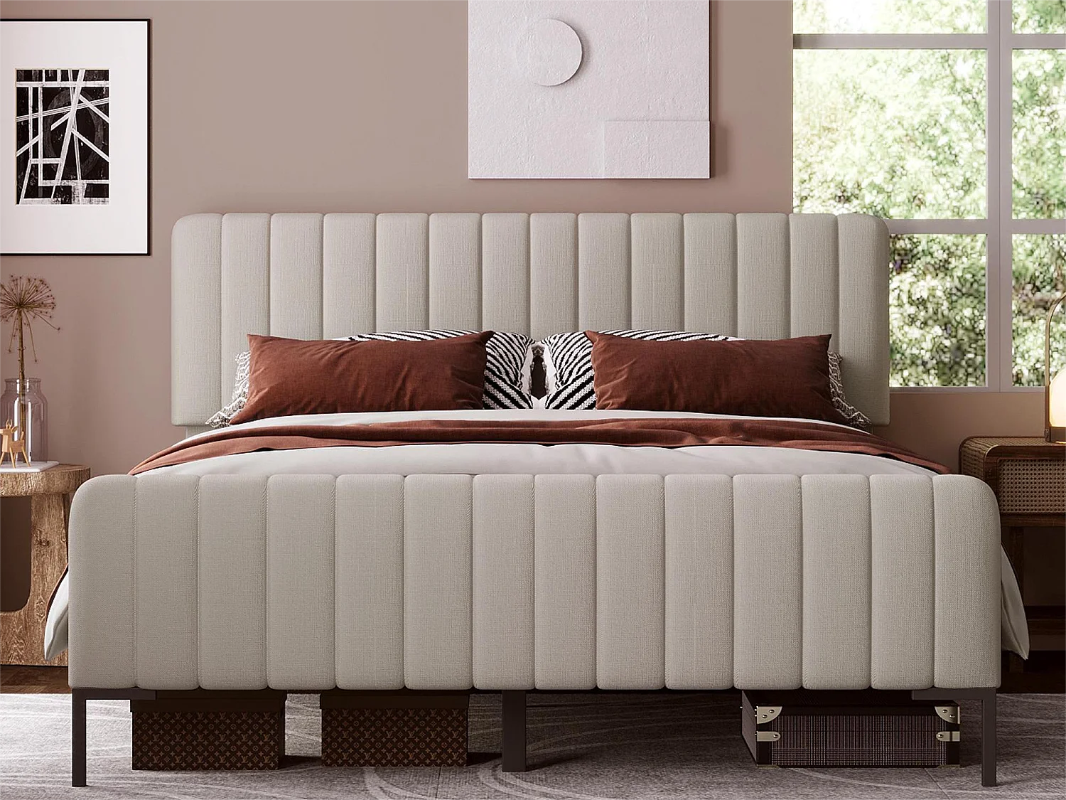 Cama com cabeceira ajustável - 180 x 200 cm - tecido de linho - base de ripas - bege