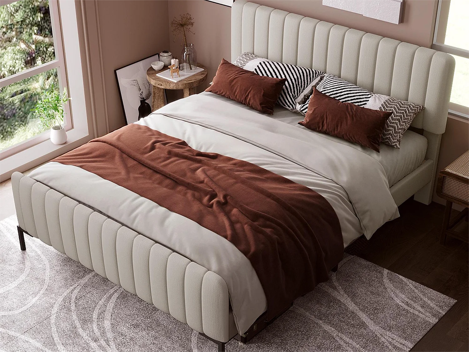 Cama com cabeceira ajustável - 180 x 200 cm - tecido de linho - base de ripas - bege