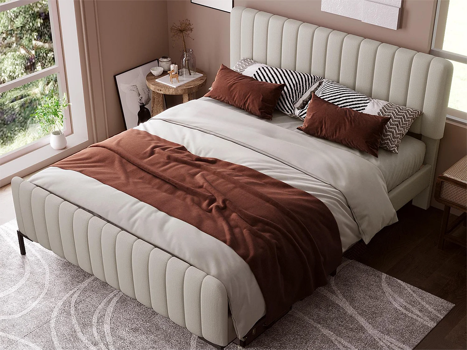 Letto con testiera regolabile - 160 x 200 cm - tessuto di lino - rete a doghe - beige