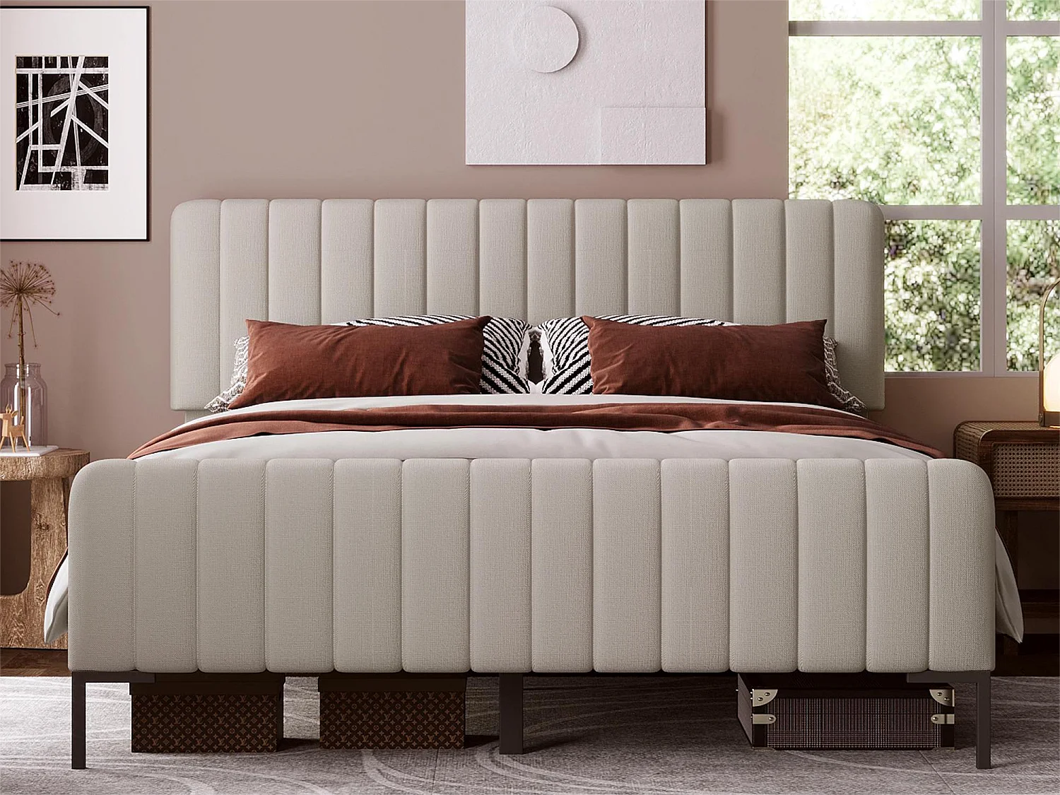 Letto con testiera regolabile - 160 x 200 cm - tessuto di lino - rete a doghe - beige