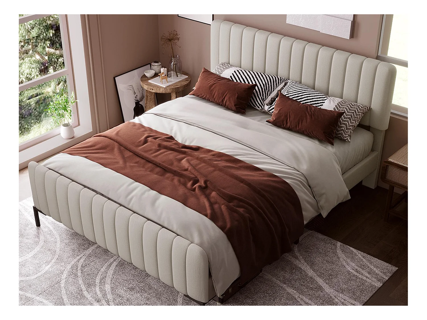 Lit avec tête de lit réglable - 160 x 200 cm - tissu lin - sommier à lattes - beige