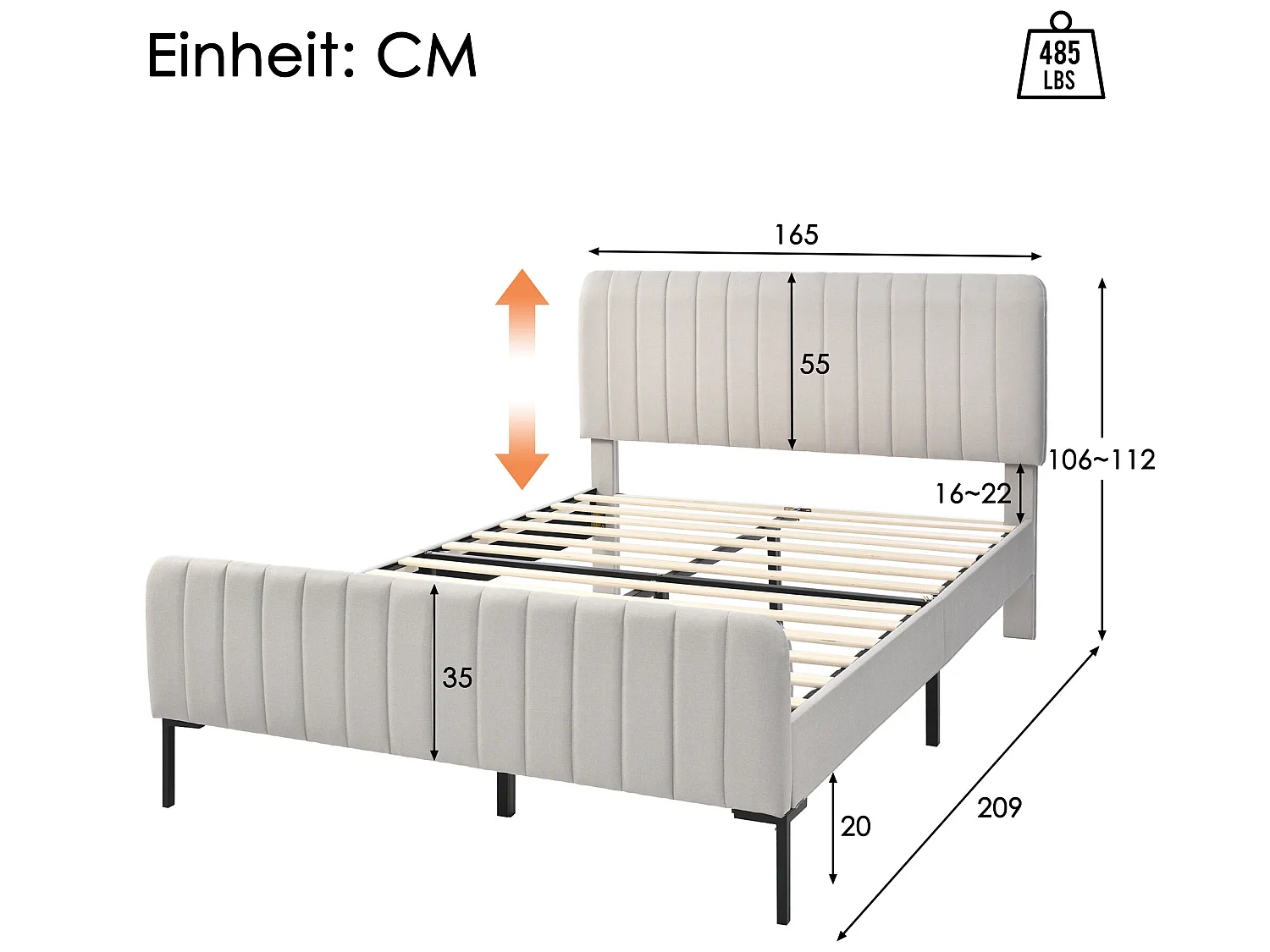 Lit avec tête de lit réglable - 160 x 200 cm - tissu lin - sommier à lattes - beige