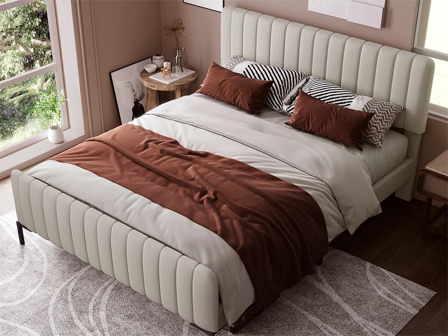 Cama com cabeceira ajustável - 160 x 200 cm - tecido de linho - base de ripas - bege