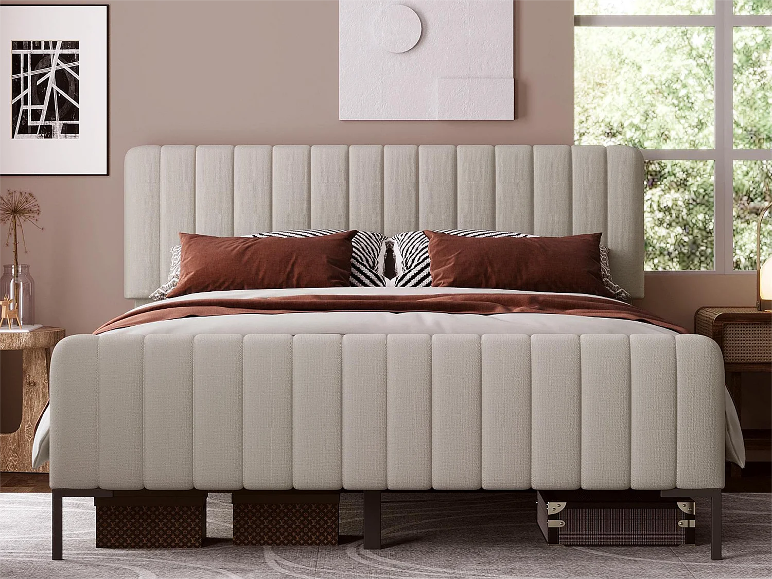 Cama com cabeceira ajustável - 160 x 200 cm - tecido de linho - base de ripas - bege