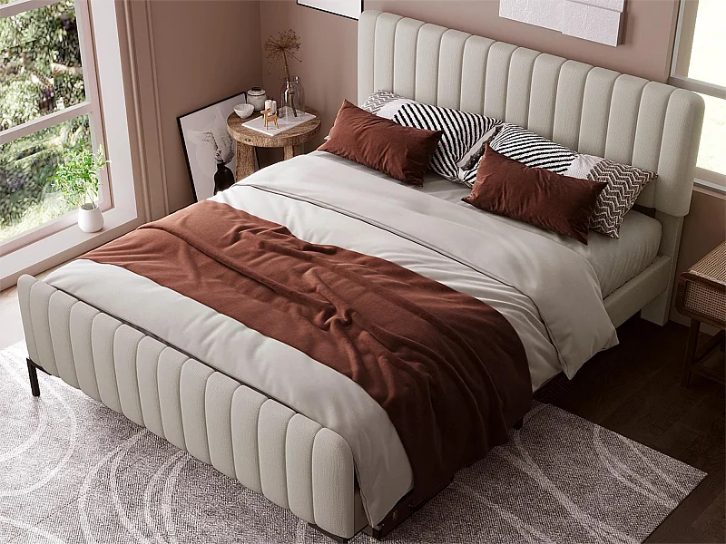 Bett mit verstellbarem Kopfteil – 160 x 200 cm – Leinenstoff – Lattenrost – Beige