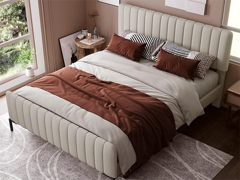 Cama com cabeceira ajustável - 160 x 200 cm - tecido de linho - base de ripas - bege