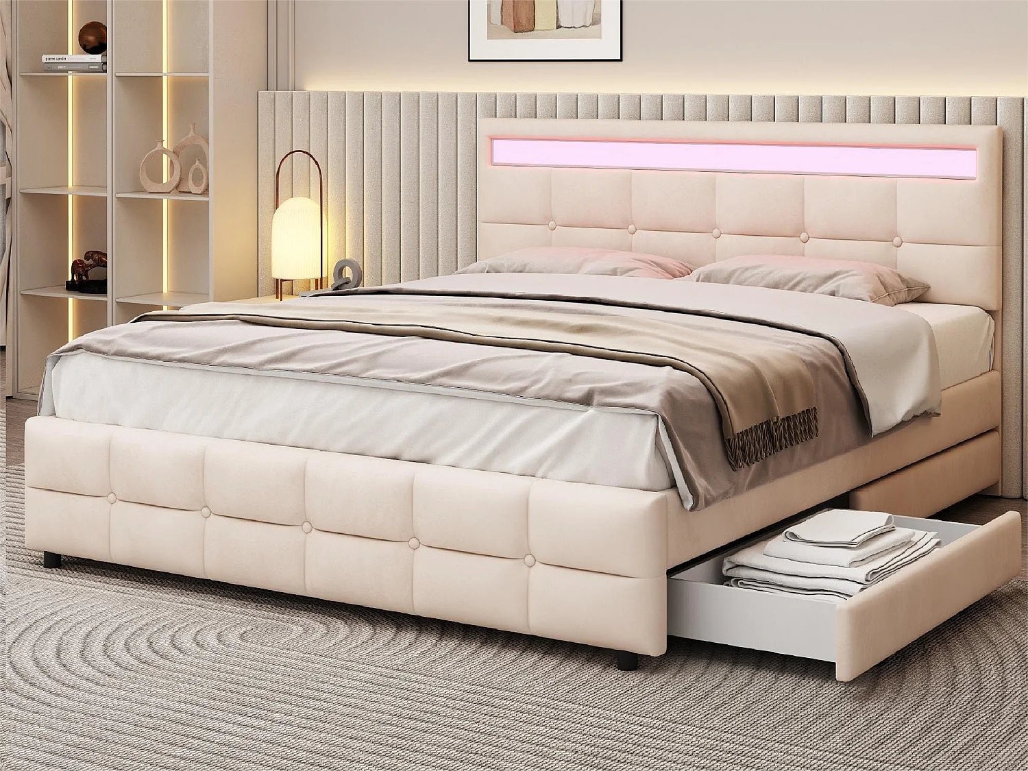 Bed met hoofdeinde en opbergruimte - 180 x 200 cm - 4 lades - fluwelen stof - LED verlichting - lattenbodem - beige
