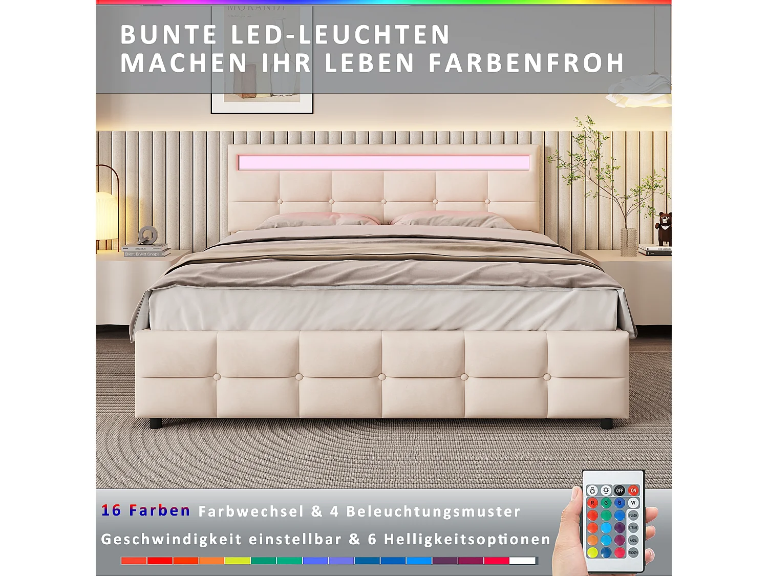 Bed met hoofdeinde en opbergruimte - 180 x 200 cm - 4 lades - fluwelen stof - LED verlichting - lattenbodem - beige