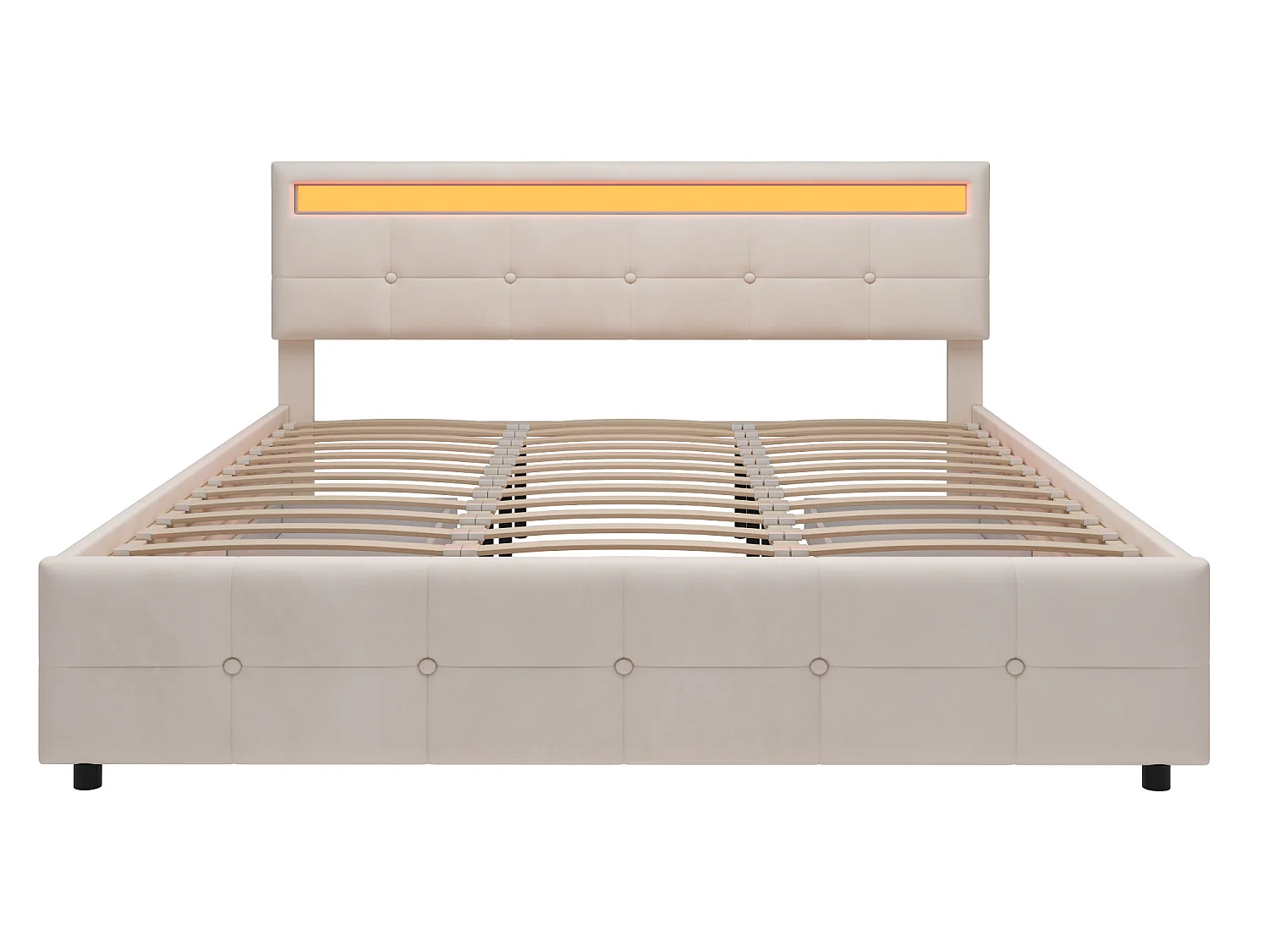 Bed met hoofdeinde en opbergruimte - 180 x 200 cm - 4 lades - fluwelen stof - LED verlichting - lattenbodem - beige