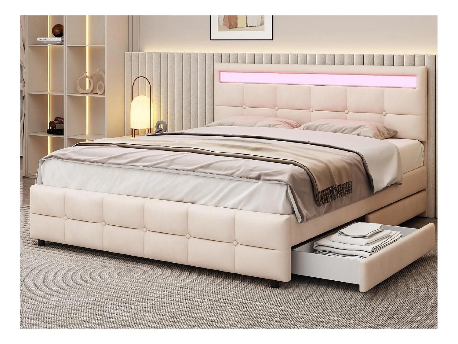 Lit avec tête de lit et rangement - 180 x 200 cm - 4 tiroirs - tissu velours - éclairage led - sommier à lattes - beige