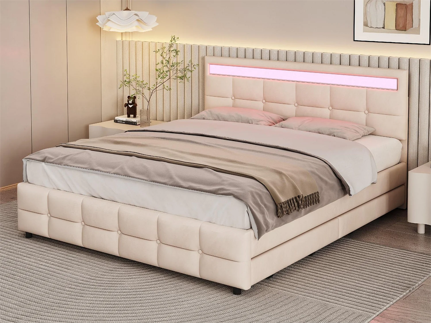 Lit avec tête de lit et rangement - 180 x 200 cm - 4 tiroirs - tissu velours - éclairage led - sommier à lattes - beige