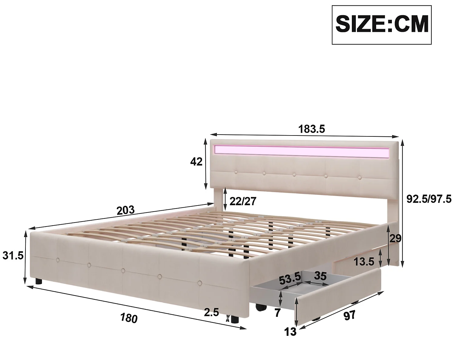 Lit avec tête de lit et rangement - 180 x 200 cm - 4 tiroirs - tissu velours - éclairage led - sommier à lattes - beige