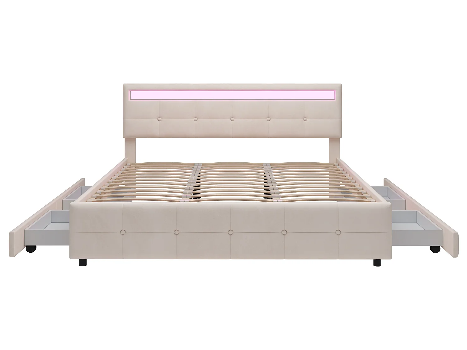 Lit avec tête de lit et rangement - 180 x 200 cm - 4 tiroirs - tissu velours - éclairage led - sommier à lattes - beige