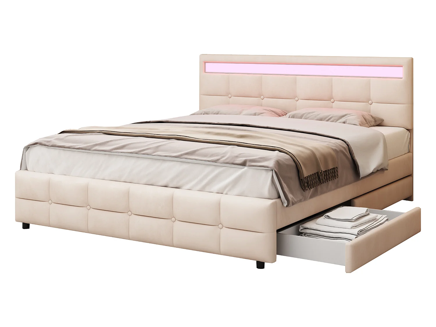 Lit avec tête de lit et rangement - 180 x 200 cm - 4 tiroirs - tissu velours - éclairage led - sommier à lattes - beige